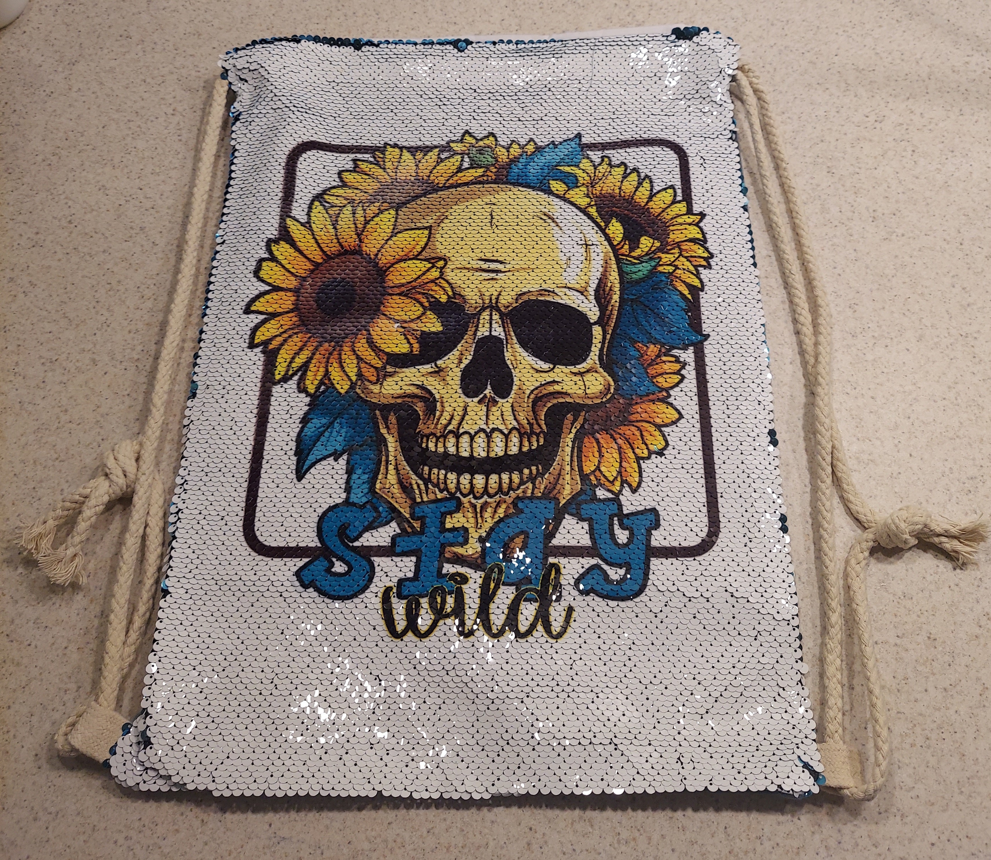 Stay Wild Skull Sequin Drawer string Bag